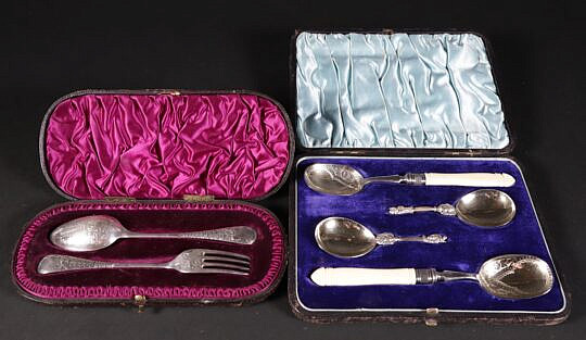 Boxed Set Silver Plated Spoons and Boxed Silver Plated Engraved Spoon and Fork 19th Century