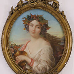 Antique Pastel Portrait of a Young Woman Wearing A Bacchus Crown and Holding a Cluster of Grapes in Elaborately Carved Frame