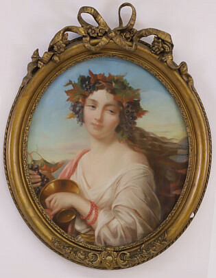 Antique Pastel Portrait of a Young Woman Wearing A Bacchus Crown and Holding a Cluster of Grapes in Elaborately Carved Frame