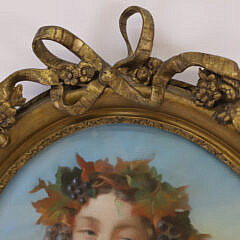 Antique Pastel Portrait of a Young Woman Wearing A Bacchus Crown and Holding a Cluster of Grapes in Elaborately Carved Frame