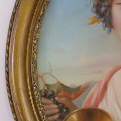 Antique Pastel Portrait of a Young Woman Wearing A Bacchus Crown and Holding a Cluster of Grapes in Elaborately Carved Frame