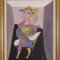 Tempera on Artist Board "Modern Portrait of a Lady Sitting on a Blue Chair" signed lower right