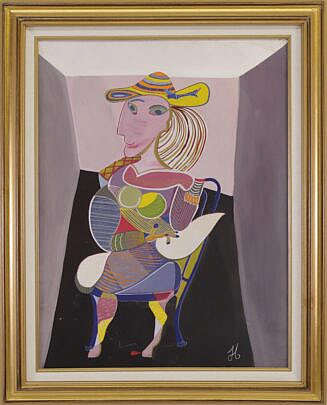 Tempera on Artist Board "Modern Portrait of a Lady Sitting on a Blue Chair" signed lower right