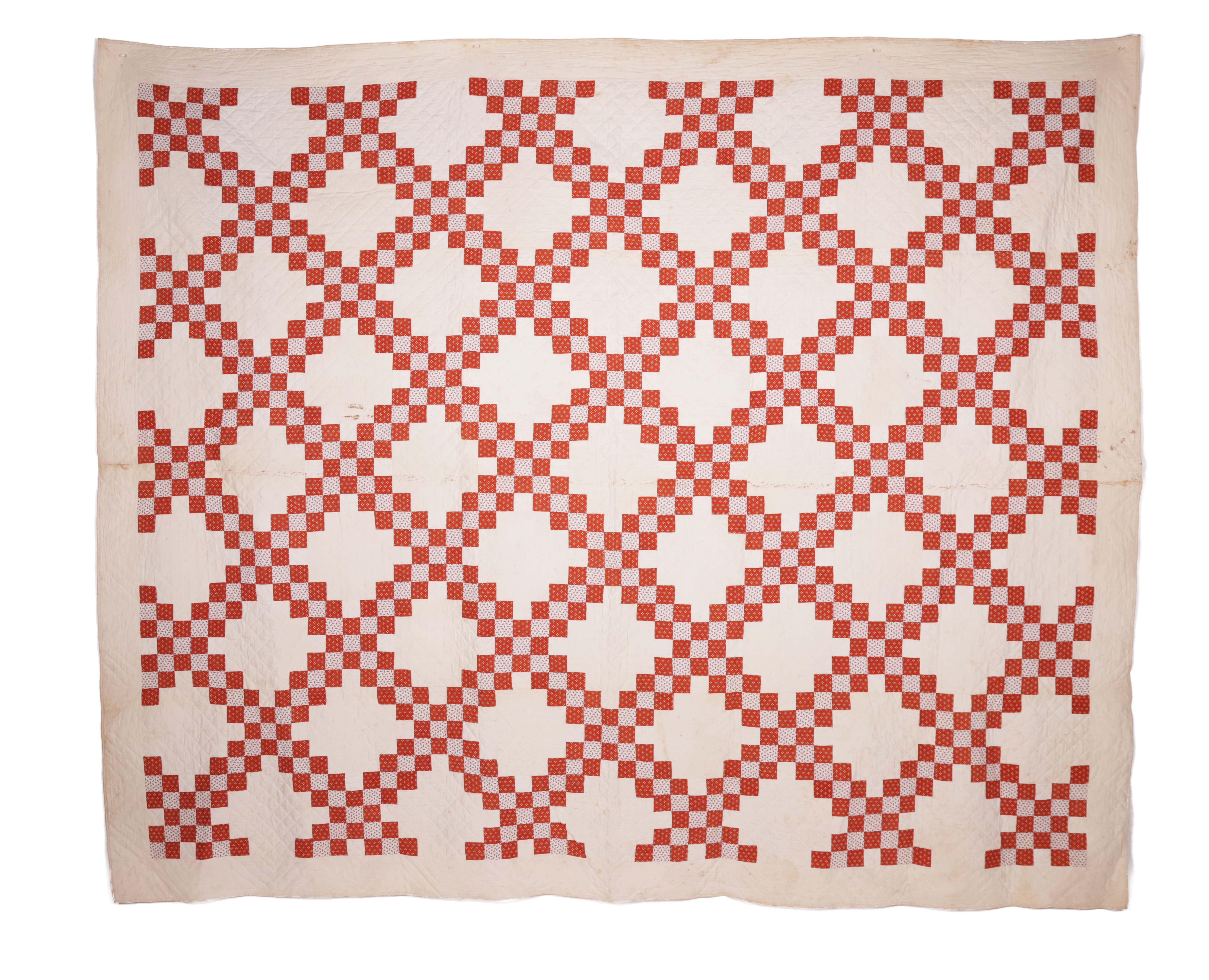 Antique Postage Stamp Irish Chain Calico Patchwork Quilt 19th Century