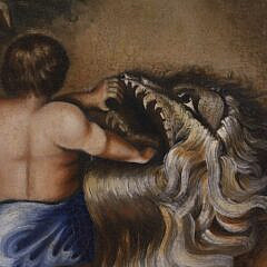 American Oil on Canvas Itinerant Folk Art Scene “Daniel in the Lion’s Den”, 19th Century