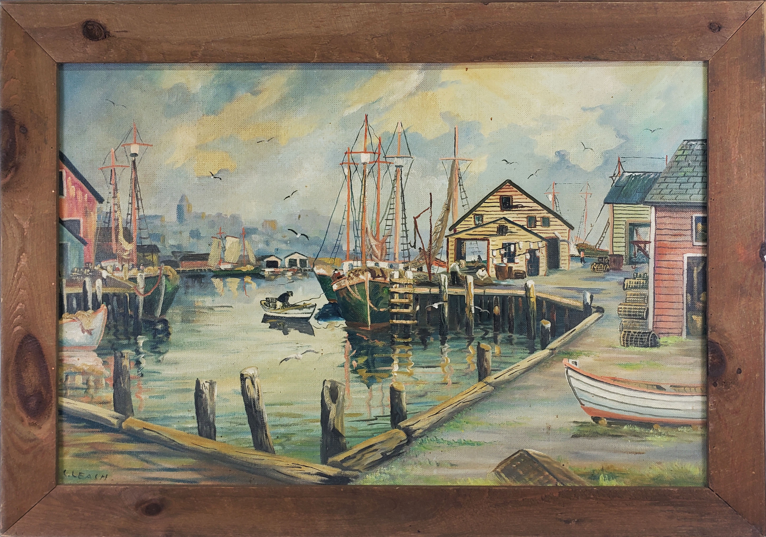Fishermans Wharf Oil on Masonite Painting Vintage Oil Painting on Masonite“Fishermen's Wharf