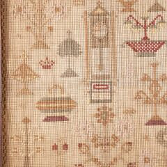 19th Century Needlework Sampler Featuring Clocks, Dogs, Flower Pots, Trees and Hearts