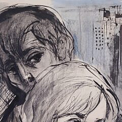 Mid Century Modern Colored Lithograph “Couple Embracing”, Signed Locca, 1957