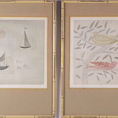 Pair of Kieko Minami Mid Century Modern Limited Edition Artists Proof Polychrome Etchings