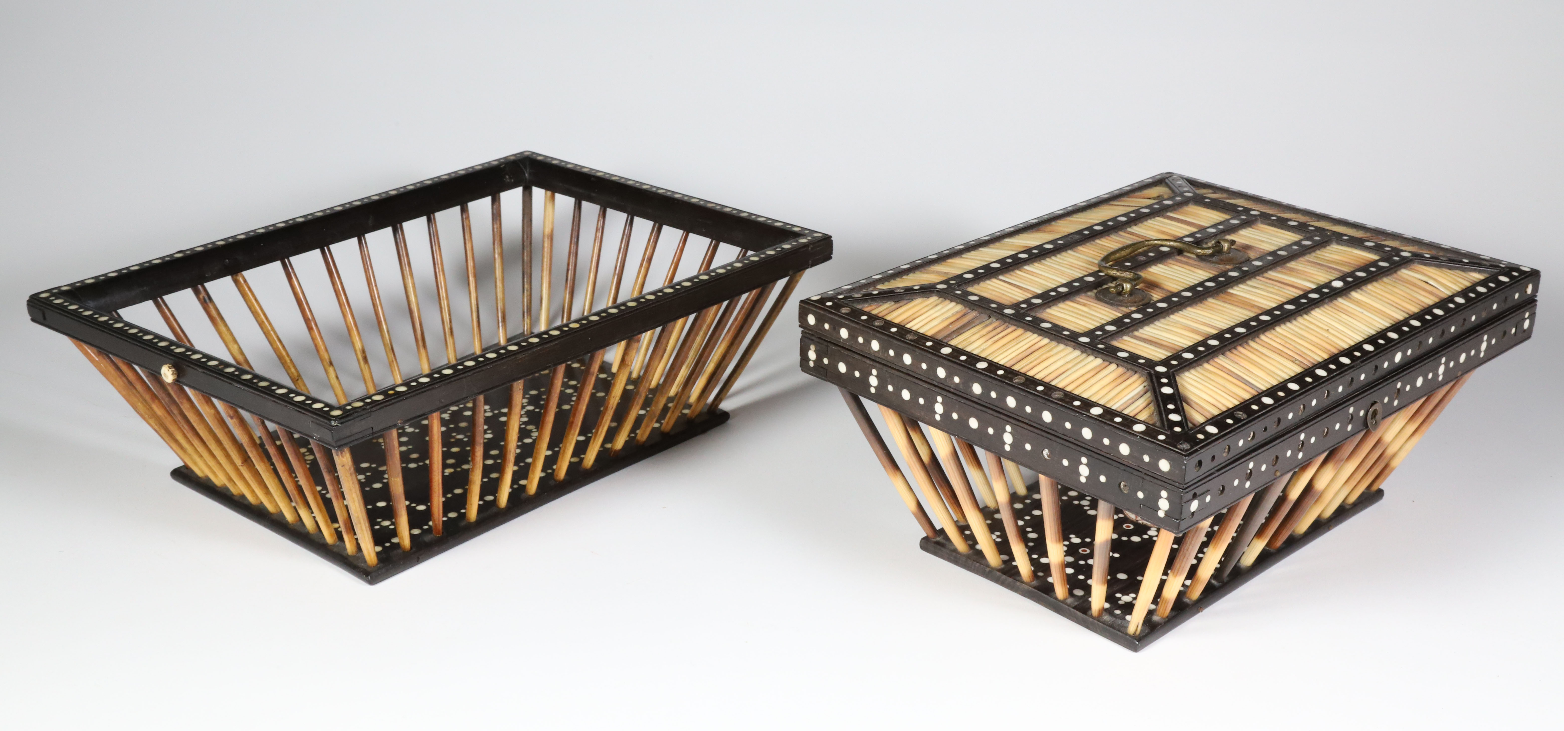Two Porcupine Quill Items Lidded Basket and Open Basket 19th Century Two Porcupine Quill