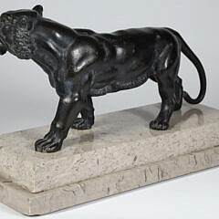 Vintage Painted Cast Metal Lioness on Stepped Marble Base