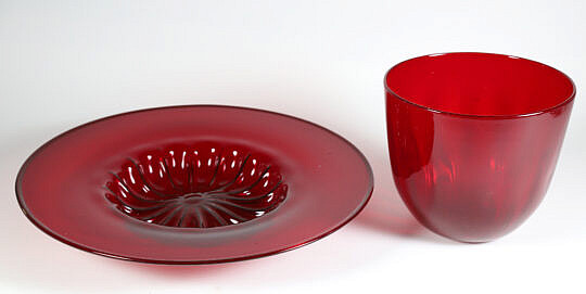 Large Ruby Venetian Glass Centerpiece Bowl and Champagne Bucket 