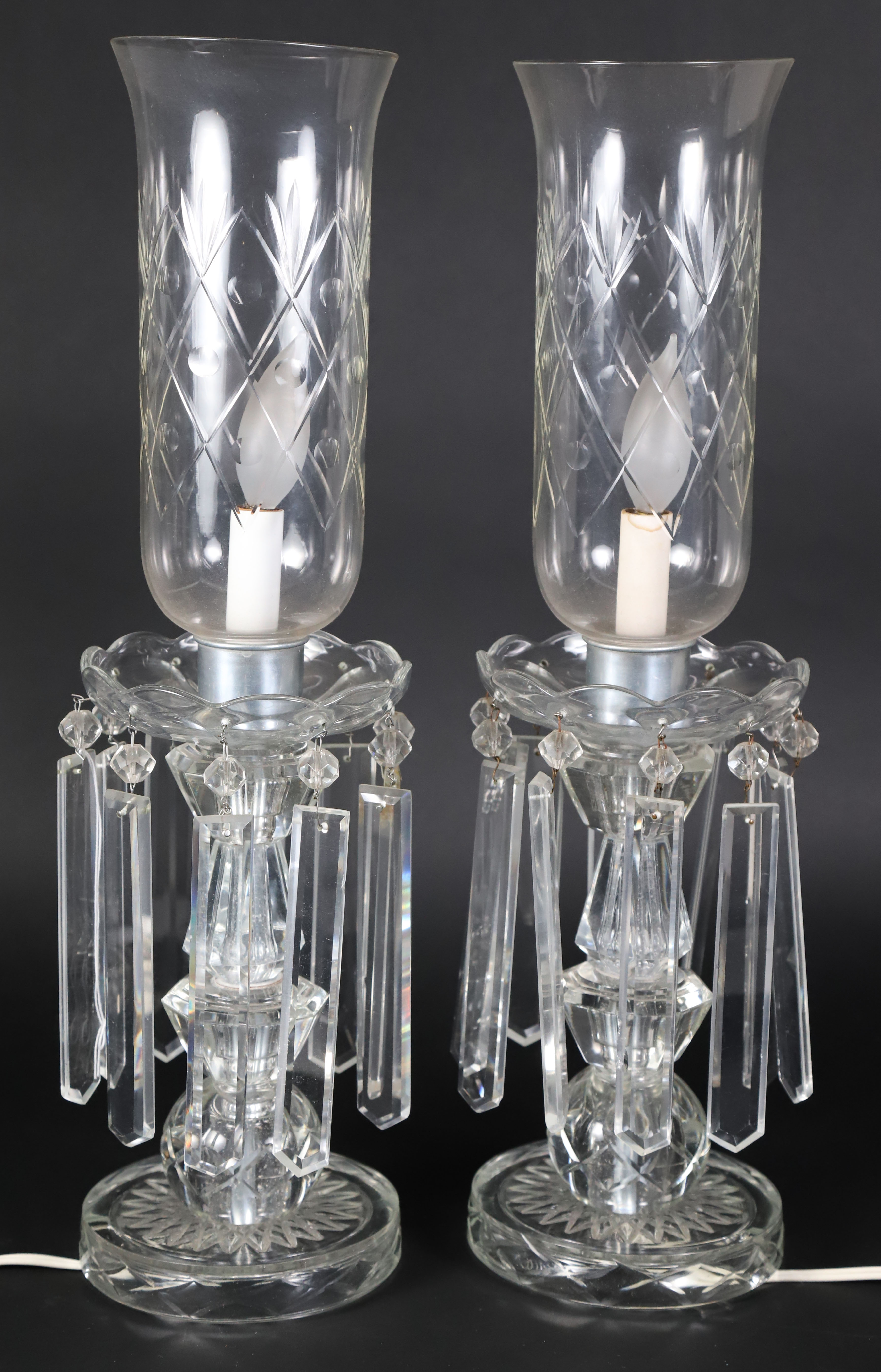 Pair of Vintage Cut Glass Electrified Candle Lamps with Etched