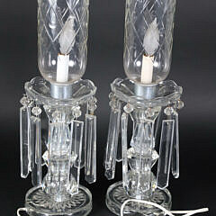 Pair of Vintage Cut Glass Electrified Candle Lamps with Etched Hurricanes and Prisms