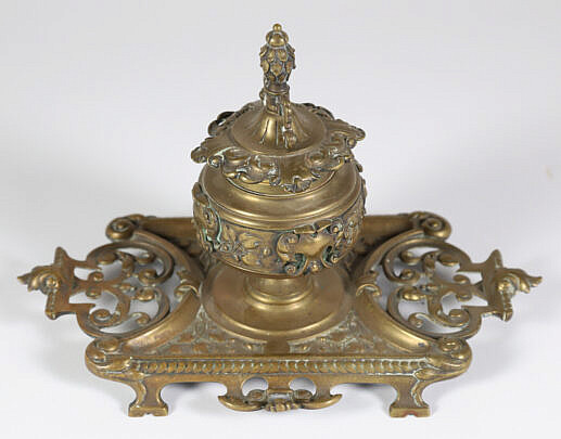 Brass Repousse Inkstand 