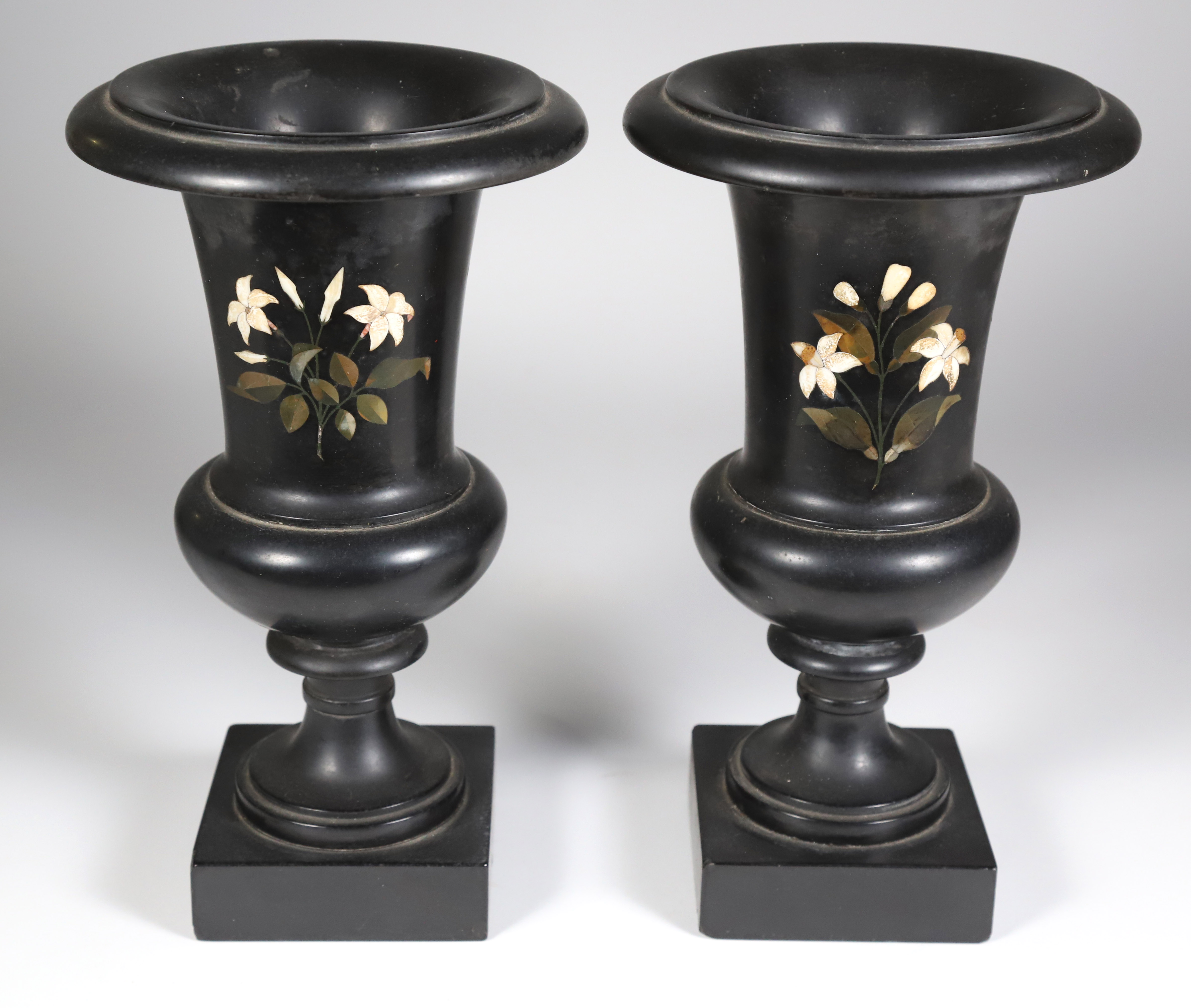Pair of 19th Century Black Marble Classical Urns with Inlaid Flowers