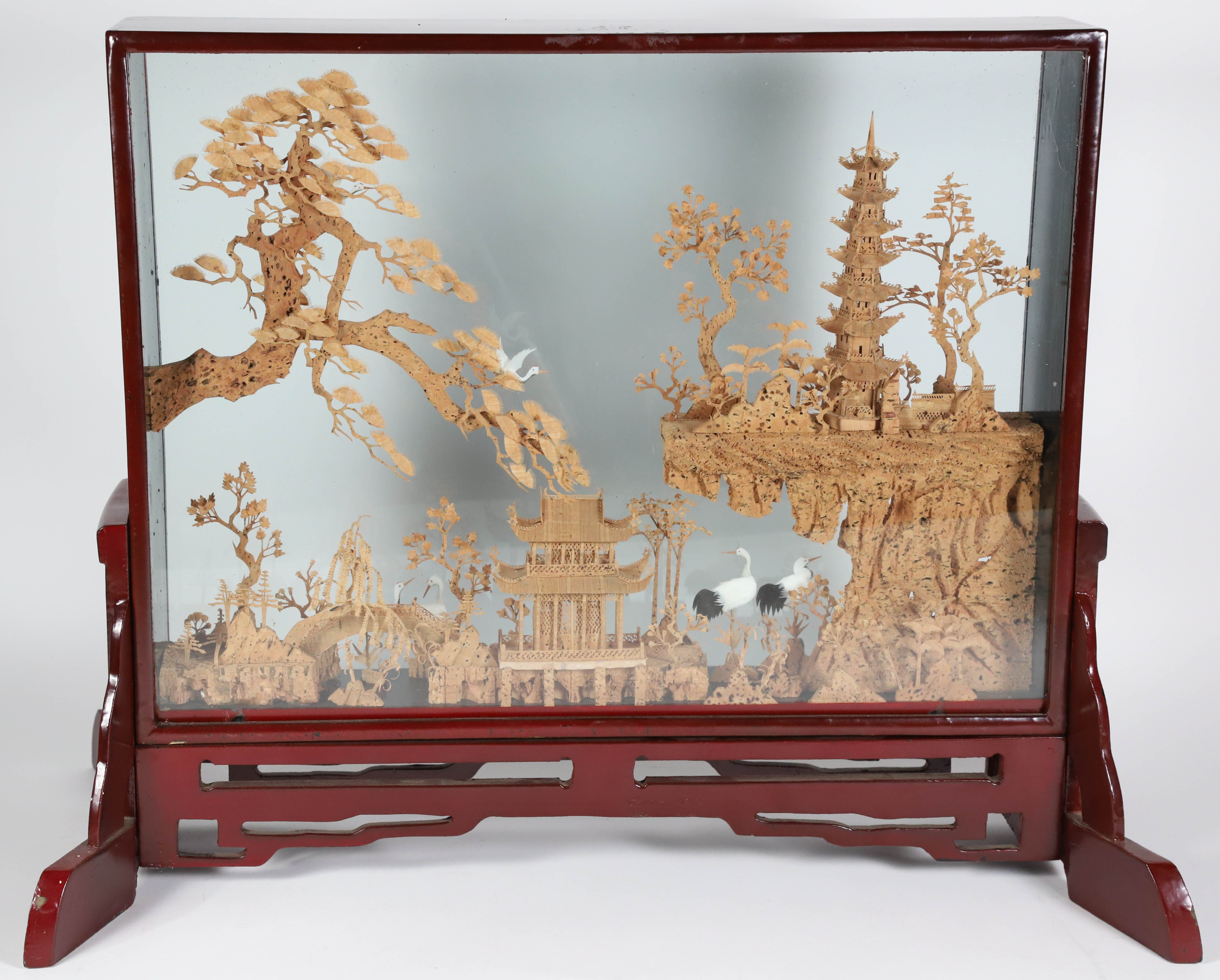 Japanese Carved Cork Diorama Depicting Mountainous Landscape and 7