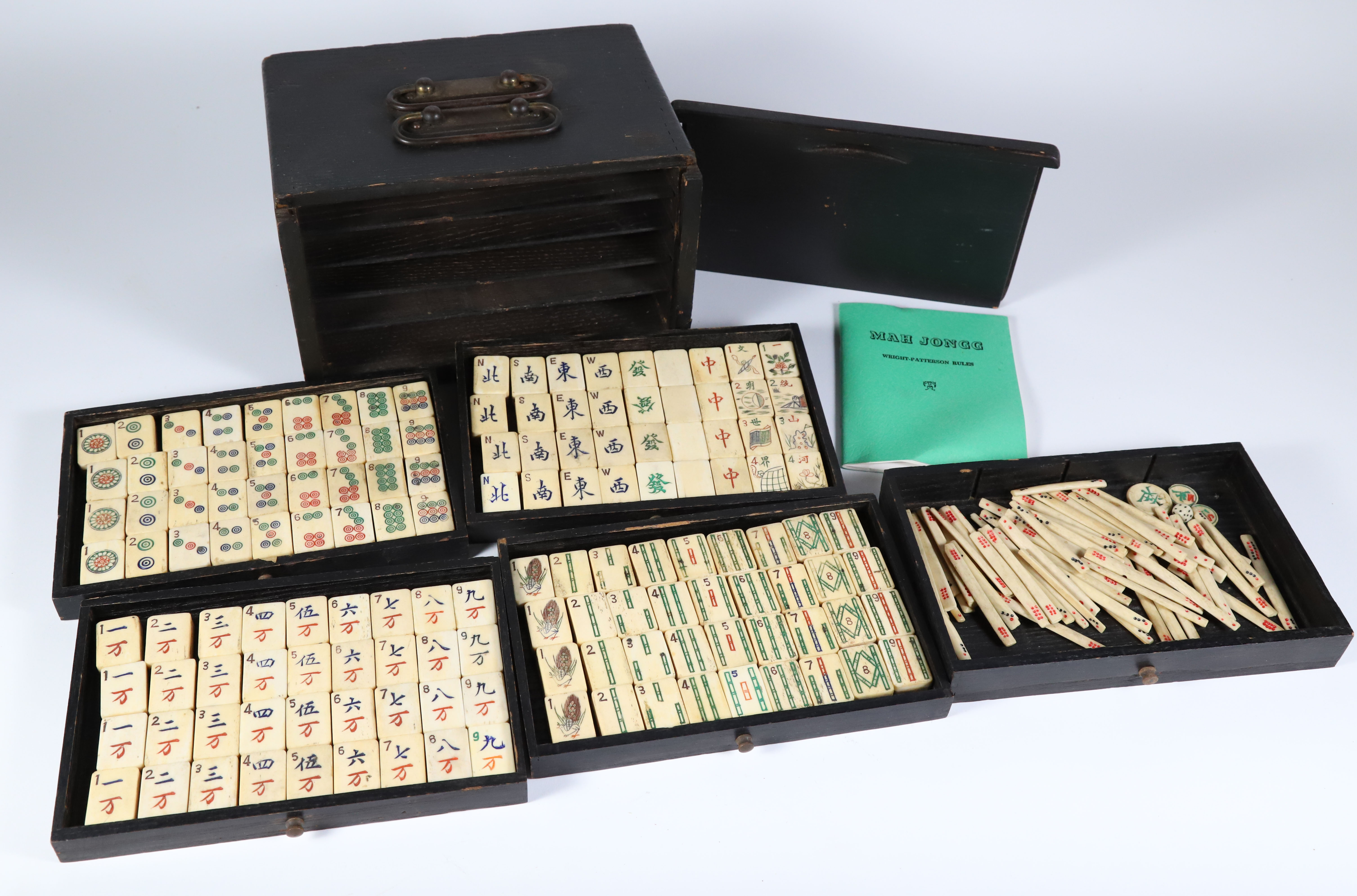 Antique Mahjong Set in Fitted Five Drawer Box - Antique Mahjong