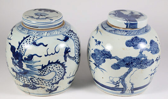 Pair of Chinese Blue and White Covered Ginger Jars