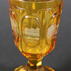 19th Century Bohemian Amber Glass Goblet With Etched City Decoraton 
