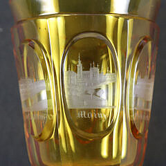 19th Century Bohemian Amber Glass Goblet With Etched City Decoraton 