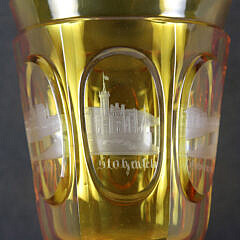 19th Century Bohemian Amber Glass Goblet With Etched City Decoraton 