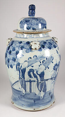 Chinese Blue and White Covered Canton Style Temple Jar