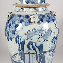 Chinese Blue and White Covered Canton Style Temple Jar