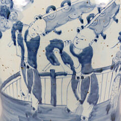 Chinese Blue and White Canton Style Covered Temple Jar