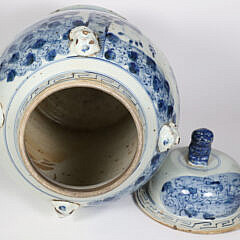 Chinese Blue and White Canton Style Covered Temple Jar