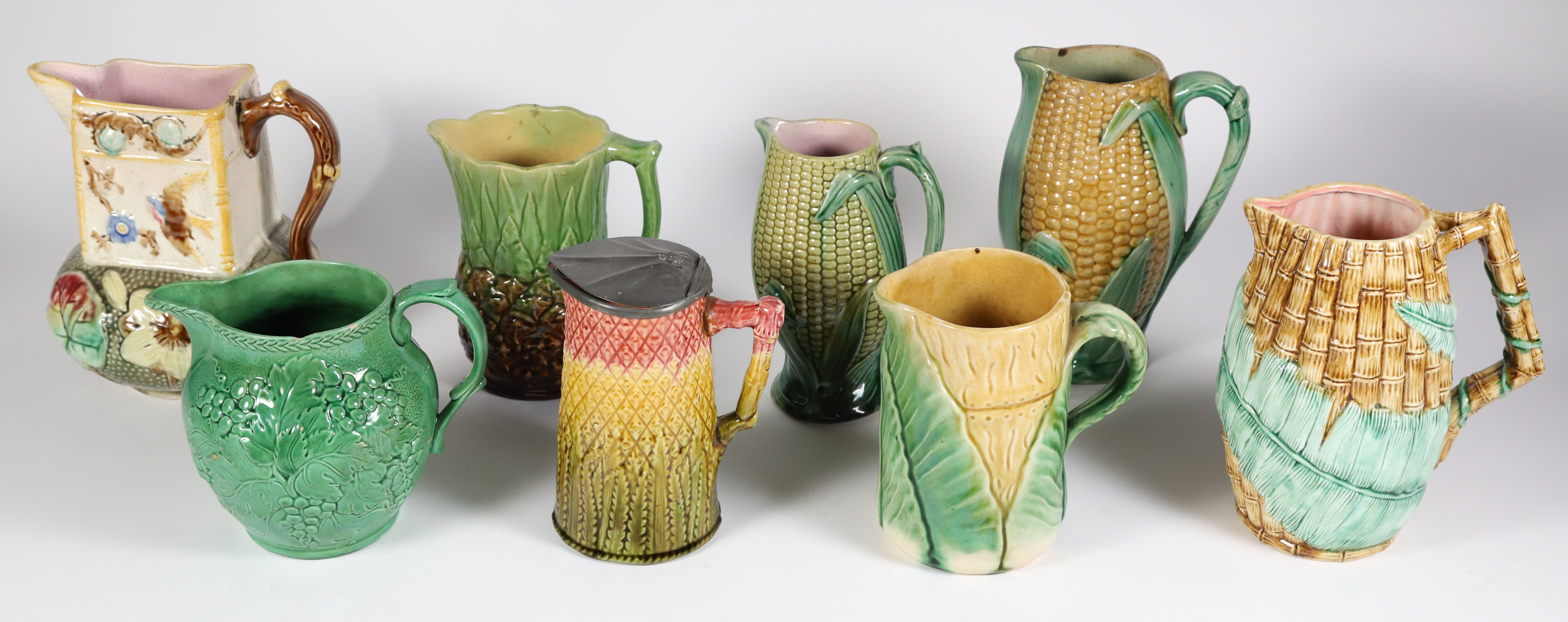 Varied Collection of Eight Majolica and Mottahedeh Ceramic Pitchers ...