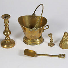 Group Of Brass Goods: Candle Sticks, Two Figural Dinner Bells, Trivet, Kindling Match Bucket, Shovel 