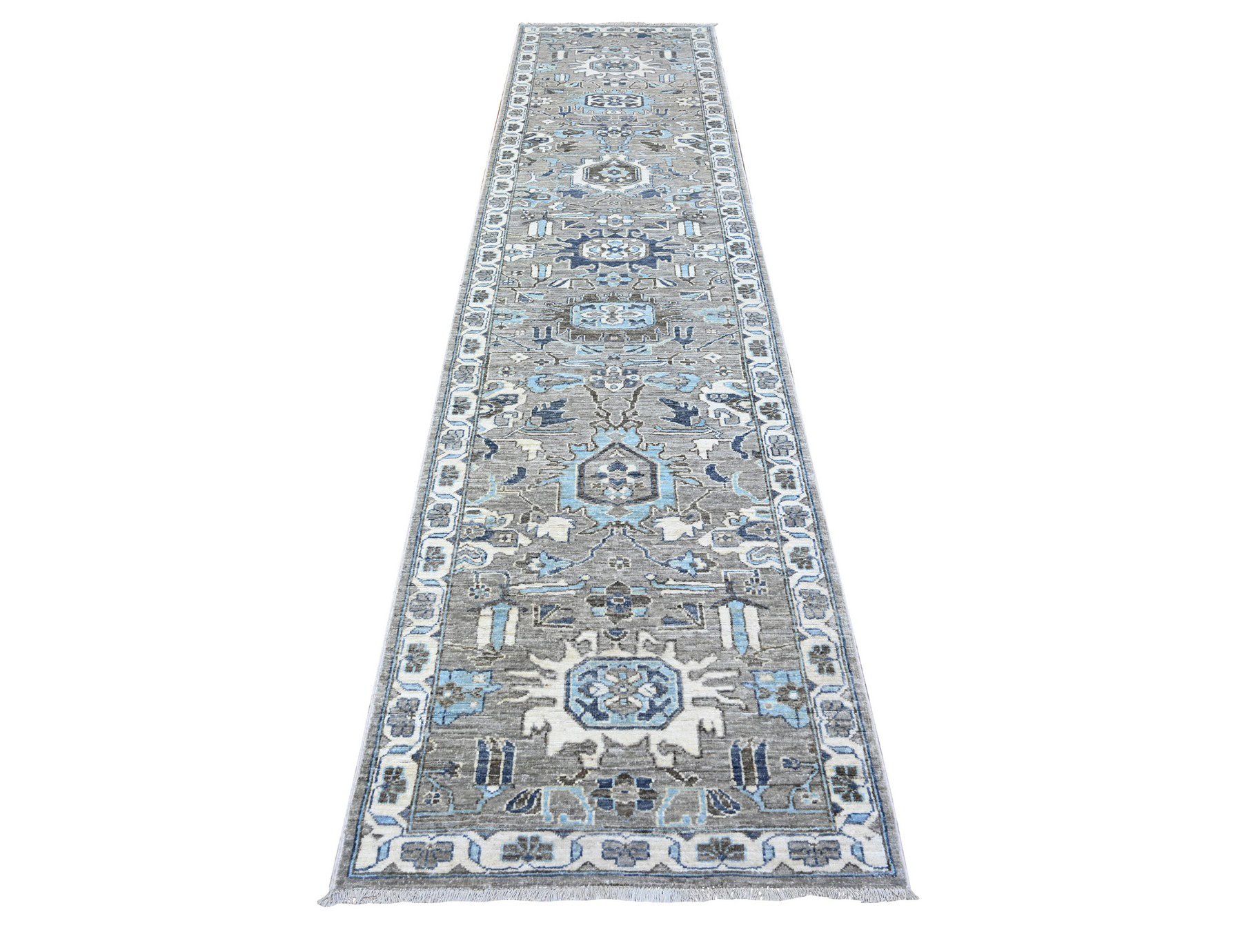 Hand Knotted Wool Gray Afghan Peshawar Oriental Rug Runner Hand