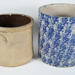 American Salt Glazed Stoneware Crock and Spongeware Water Container with Spigot, 19th Century