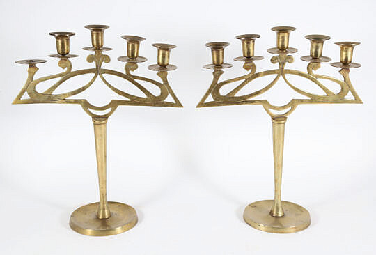 Pair of Art Nouveau Brass 5-Light Candelabra 