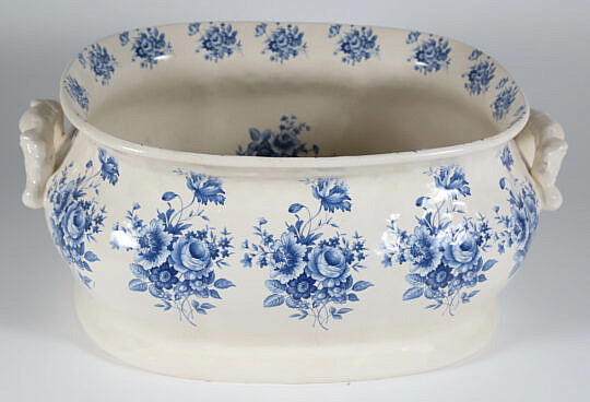 Antique Blue Rose Transferware Foot Basin with Applied Handles