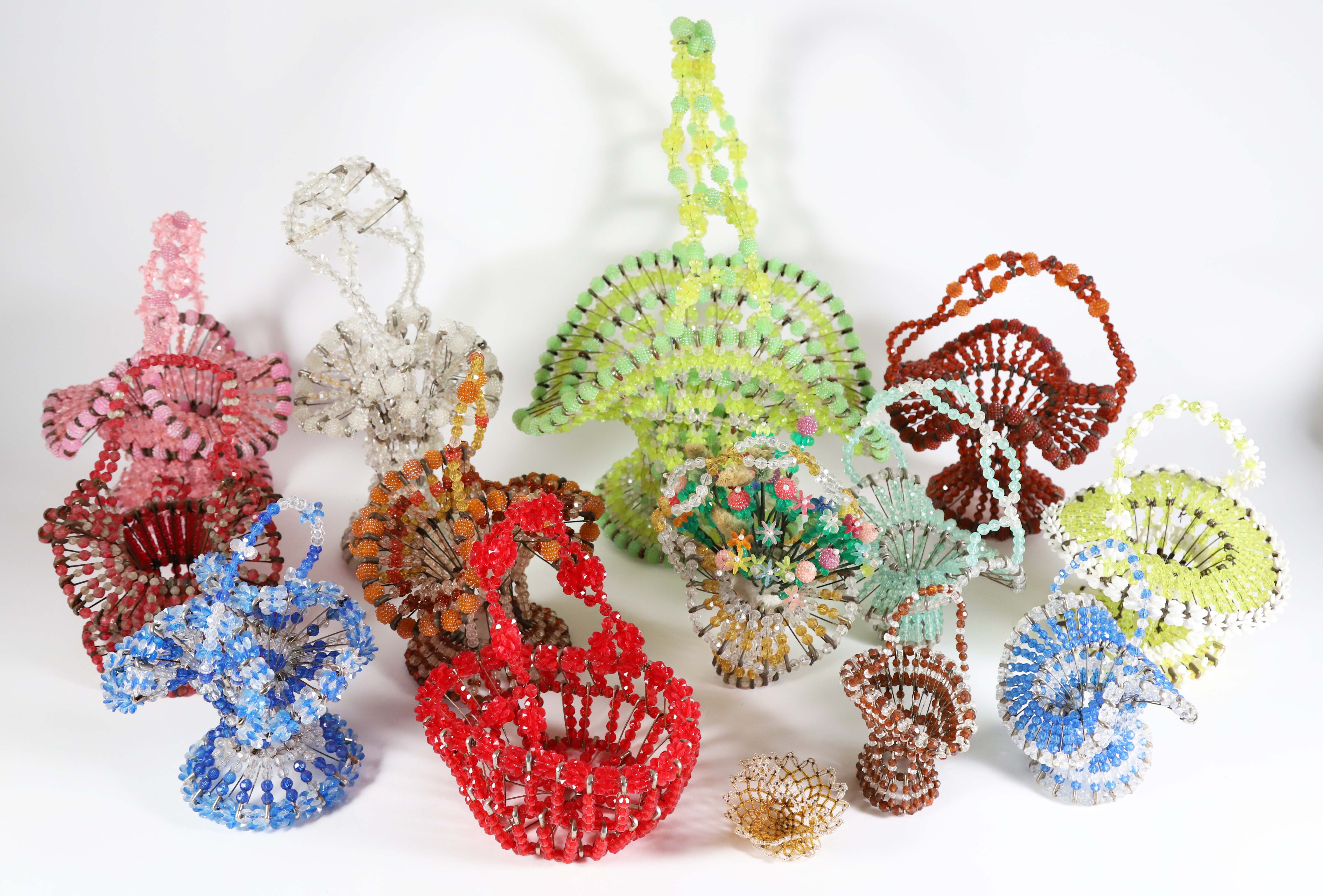 Group of 14 Vintage Handmade Safety Pin and Bead Baskets in a Variety of Colors