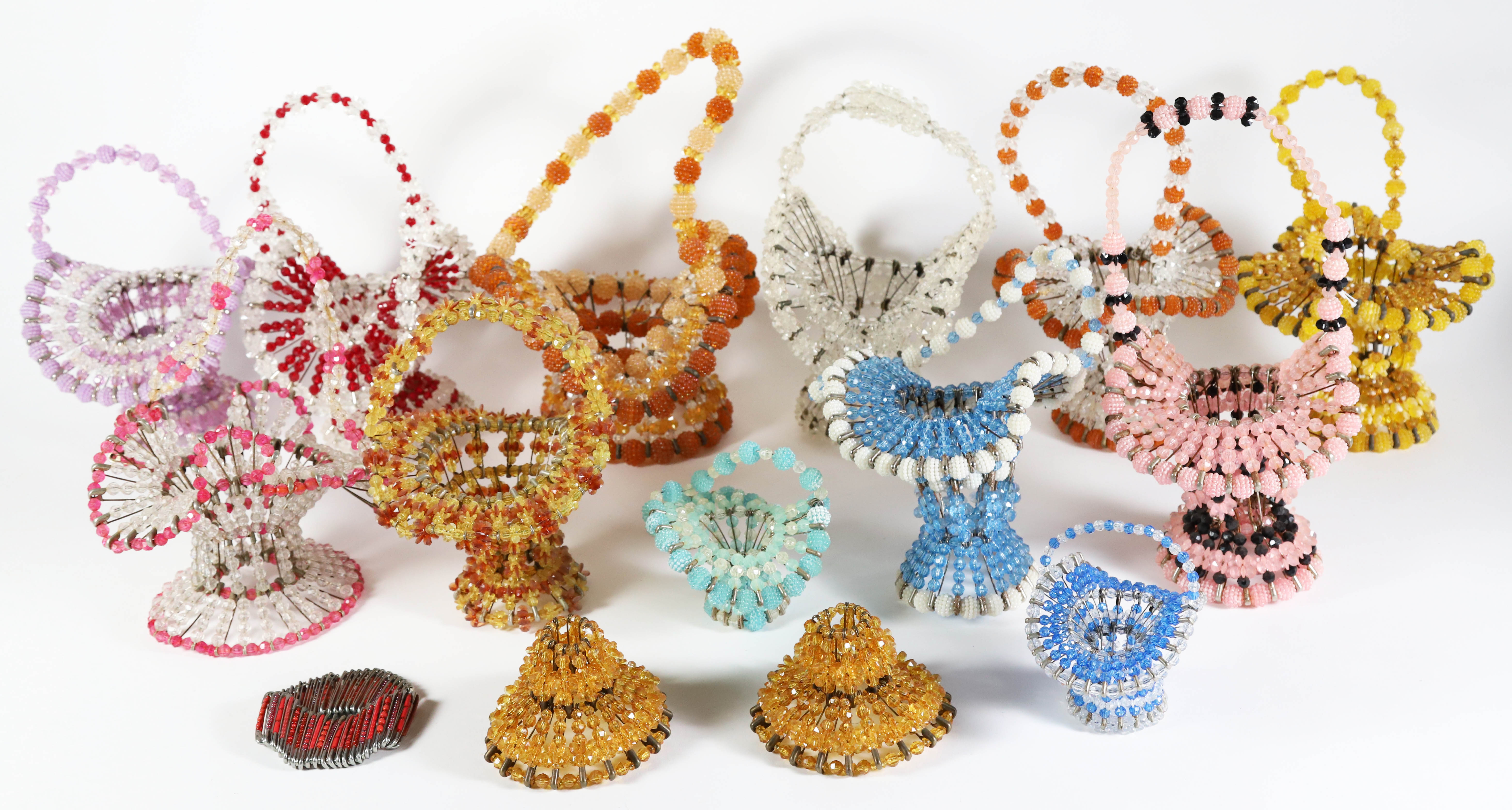 Group of 12 Vintage Handmade Safety Pin and Bead Baskets in a Variety of Colors