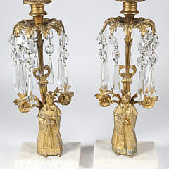 Pair of 19th Century Figural Bronze Girondales with Crystal Prisms on White Marble Bases