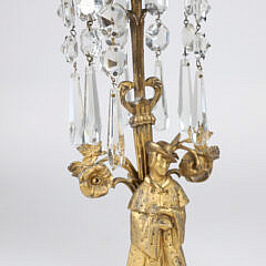 Pair of American Figural Bronze Girondales with Crystal Prisms on White Marble Bases, 19th Century