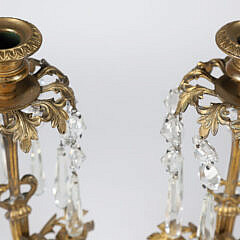 Pair of American Figural Bronze Girondales with Crystal Prisms on White Marble Bases, 19th Century