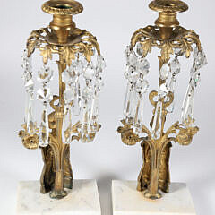 Pair of American Figural Bronze Girondales with Crystal Prisms on White Marble Bases, 19th Century