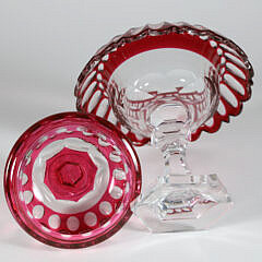 Ruby Cut to Clear Glass Covered Pedestal Compote, 19th Century