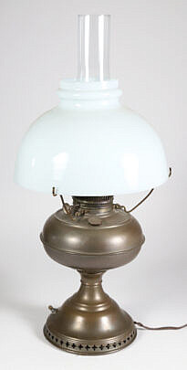 Antique Brass Oil Lamp with Milk Glass Shade - Electrified