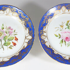 Pair Floral Decorated Porcelain Compotes with Cobalt Blue Rims, 19th Century