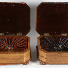 Pair of Petite Wood Spittoons with Ceramic Liners and Blue Leather Upholstered Lids, 19th Century