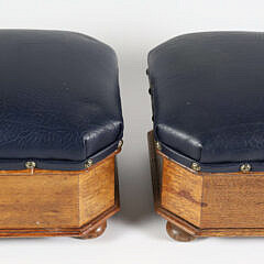 Pair of Petite Wood Spittoons with Ceramic Liners and Blue Leather Upholstered Lids, 19th Century