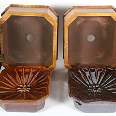 Pair of Petite Wood Spittoons with Ceramic Liners and Blue Leather Upholstered Lids, 19th Century