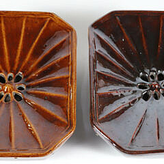 Pair of Petite Wood Spittoons with Ceramic Liners and Blue Leather Upholstered Lids, 19th Century