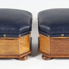 Pair of Petite Wood Spittoons with Ceramic Liners and Blue Leather Upholstered Lids, 19th Century